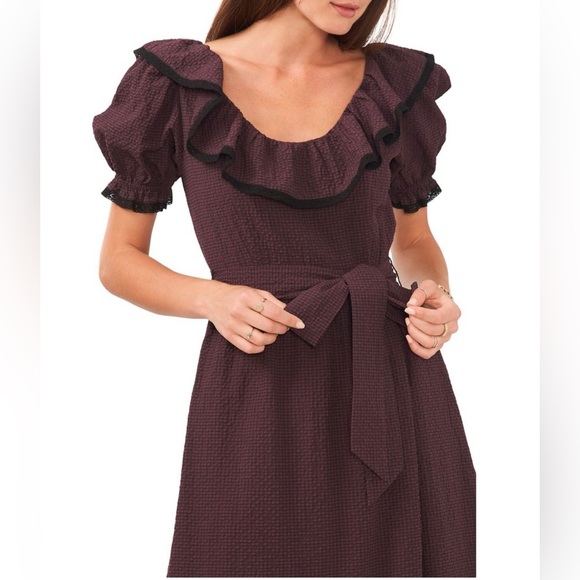 Ruffle Scoop Neck Short Puff Sleeve Chelsea and Violet Check Print Midi Dress - Picture 2 of 9